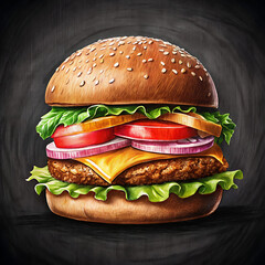 Craft pencil art burger and french fries on wooden table melting chessesisolated on black background.
 close-up. Generative AI. High quality 