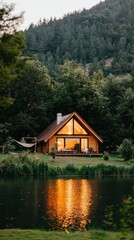 Fototapeta premium Lakeside Cabin at Sunset