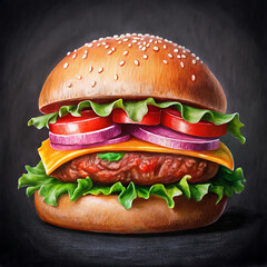 Craft pencil art burger and french fries on wooden table melting chessesisolated on black background.
 close-up. Generative AI. High quality 