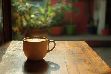 Fototapeta premium Warm Cup of Coffee on a Rustic Table by the Window in a Cozy Cafe During Early Morning