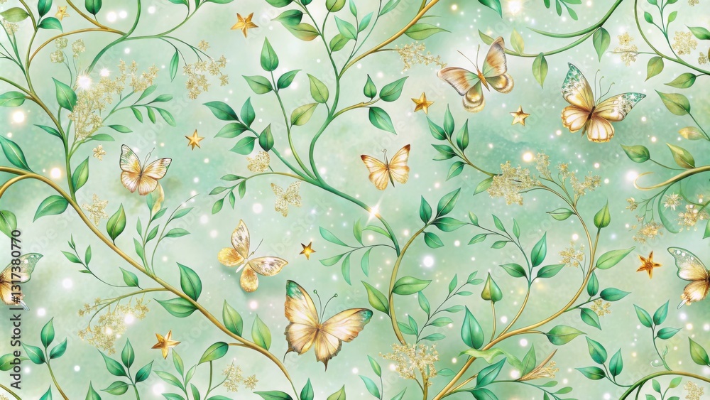 Poster a magical seamless pattern featuring delicate green foliage, sparkling gold stars, and graceful butt