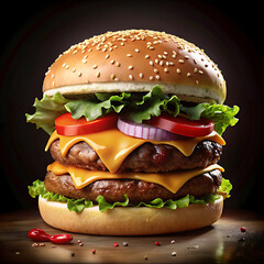 Craft beef burger and french fries on wooden table melting chessesisolated on black background.
Fresh beef burger on black background. Big tasty cheeseburger close-up. Generative AI. High quality 