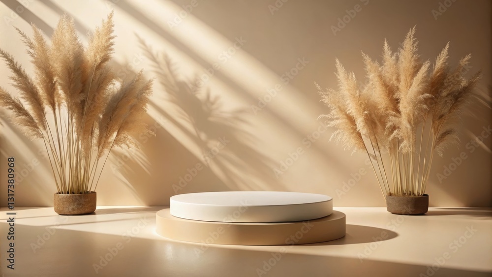Aufkleber Minimalist product display featuring a circular podium in front of a neutral backdrop with dried pampas grass flanking the sides, bathed in warm natural sunlight