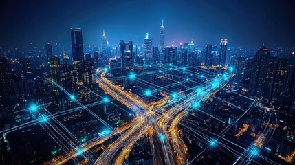 Fototapeta premium Night Cityscape, Illuminated Urban Network