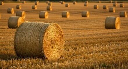 Hay Bale Field at Golden Hour After Harvest with Warm Lighting