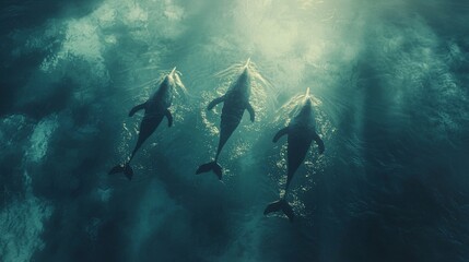 Three dolphins swimming in deep ocean water, sunlight above.