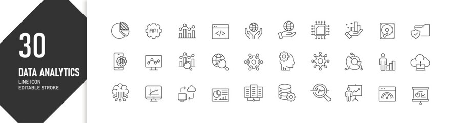 Data analytics technology line icon set, digital analysis and big data processing, editable stroke