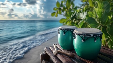 Fototapeta premium Teal drums sit on wooden stand by ocean.