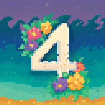 Colorful pixel art number 4 decorated with flowers and greenery on a vibrant background for cross stitch pattern