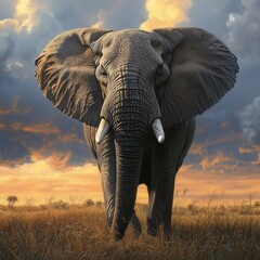 Obraz premium Elephant Portrait: Majestic African elephant stands tall against a backdrop of golden sunset showcasing its strength and grace in its natural habitat