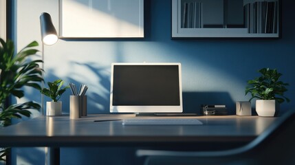 Fototapeta premium Serene Home Office Setup, Modern Minimalist Workspace with Desk, Computer, Plants, and Soft Lighting