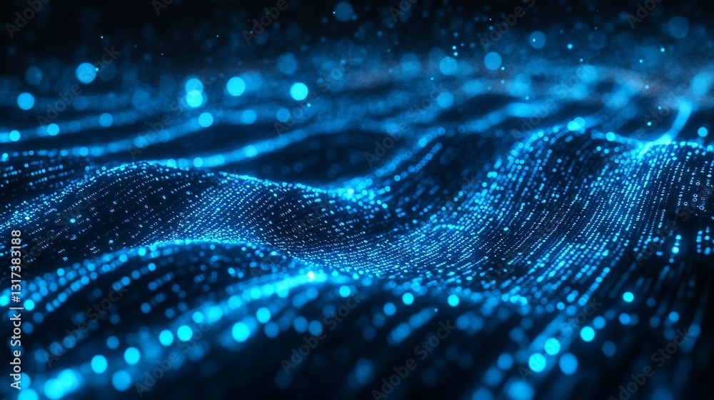 Poster abstract blue digital waveform: glowing particles and dynamic flowing data visualization
