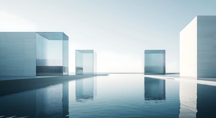 Abstract futuristic minimalist architectural landscape with three large glass buildings, each casting reflections on the surrounding water surface