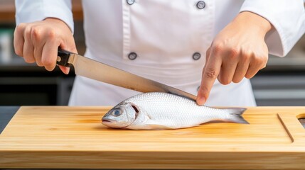 A chef filleting a fresh fish with precision, sharp knife cutting through, clean presentation
