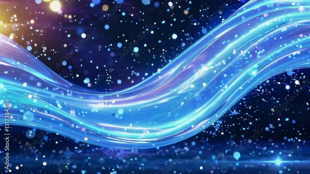 Poster blue glowing curved light streams with sparkling particles moving against dark starry background. sm