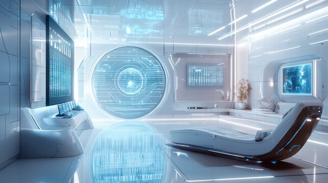 Futuristic Living Room: A glimpse into the future, a futuristic living room with sleek white furnishings, large plasma screens, and interactive holographic projections. The ambiance is sleek, clean.