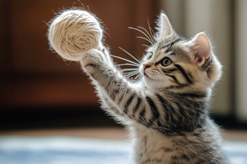 Naklejka premium Adorable Kitten Plays With Blue Yarn in Cozy Indoor Setting During Afternoon Light