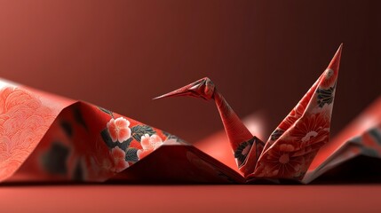 Red origami crane on floral paper. A symbol of peace and hope.