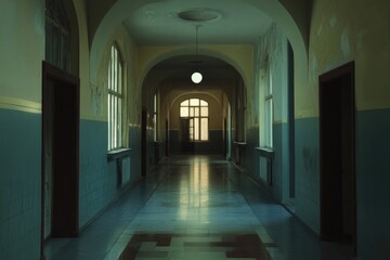 A long hallway with a clock hanging from the ceiling, perfect for use in interior design or architecture projects