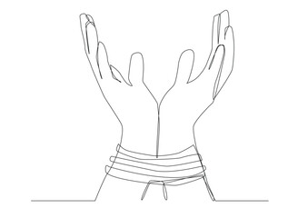 Obraz premium female hands tied with a rope on the wrists, one continuous line drawing concept of a prisoner in captivity, disability.