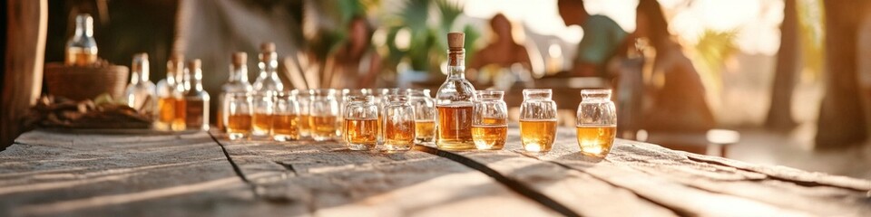 Golden hour drinks on rustic wooden table.  Outdoor party setting.