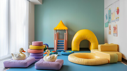 A Bright And Colorful Playroom With Soft Play Equipment And Educational Toys Designed For Early Childhood Development And Learning Activities