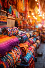 Fototapeta premium Vibrant textiles in a marketplace, showcasing rich colors and intricate patterns.