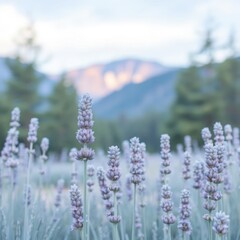 Obraz premium Serene Lavender Field at Sunset with Mountain Backdrop