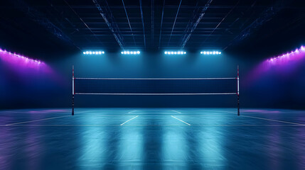 Empty Volleyball Court Illuminated With Neon Lights Under Dark Indoor Stadium For Dramatic Sports Competition
