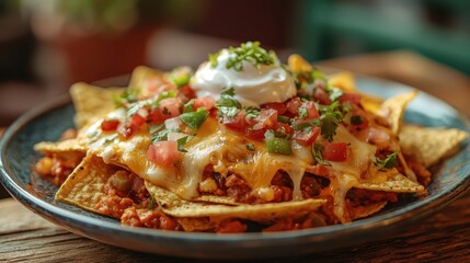 Nachos sour cream Mexican concept. A vibrant plate of nachos topped with melted cheese, diced tomatoes, green onions, and a dollop of sour cream.