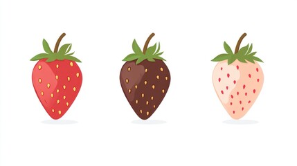 Three stylized strawberries in red, dark brown, and pink on white background.  Possible use in food packaging design or digital art projects