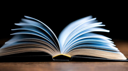 Fototapeta premium Open book resting on a table showcasing detailed pages in a minimalist setting for readers and scholars