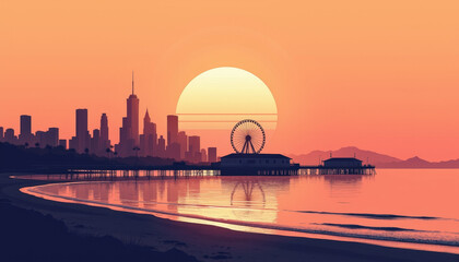 Coastal skyline silhouette at sunset, nostalgic serenity