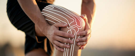 Close-up of a person holding their injured knee, with a highlighted skeletal overlay, suggesting pain and the need for medical attention or treatment