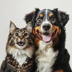 Fototapeta premium A fluffy cat and a happy dog are posing together in this shot The animals are centered in the frame and looking forward