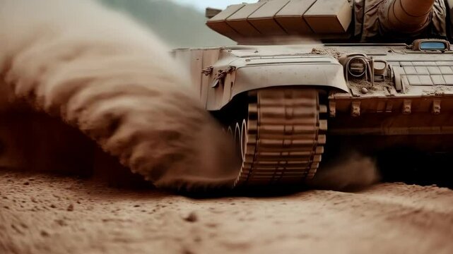 Tank driving on dusty road kicking up dust trails. Military motion