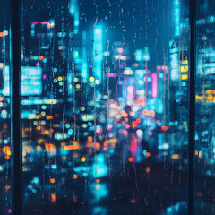 Obraz premium A futuristic cityscape at night, viewed through a rain-covered window with blurred neon reflections