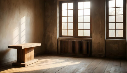 Brightly Lit Empty Room with Wooden Table and Large Windows