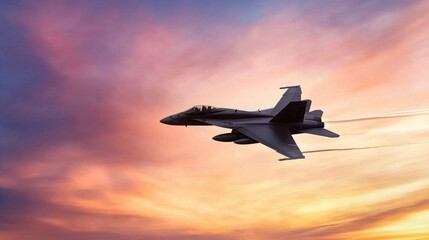 A fighter jet streaks across the sky, its dark silhouette outlined against the burning reds and golds of a dramatic sunset.