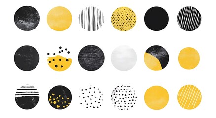 A set of simple geomatric circle symbols dots and stripes in black and yellow
