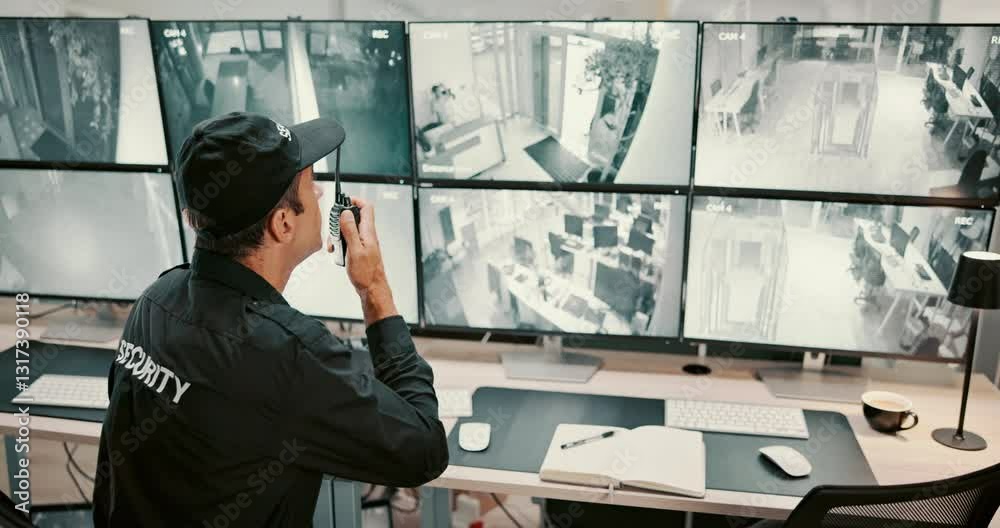 Aufkleber man, security guard or radio with screen for surveillance alert, robbery or threat signal in buildin