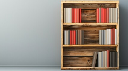 A wooden bookshelf with colorful books neatly arranged against a simple gray wall, creating an inviting and organized reading space.