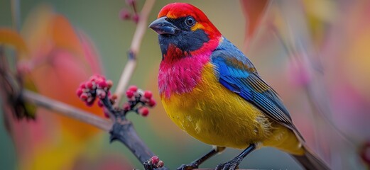 A strikingly colorful bird with red, blue, yellow, and purple feathers sits on a branch with small berries, set against a soft blurred background.  