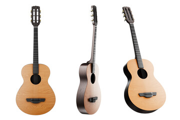 Acoustic guitars at different angles isolated on white background. Guitar for poster, music poster design or design. 3d render.