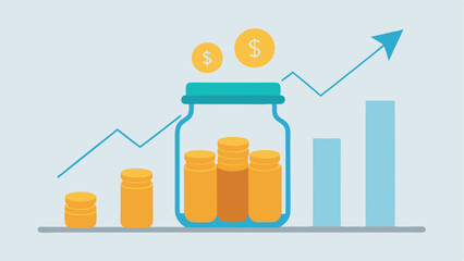 Growing Savings Jar A transparent jar labeled Savings filled with coins at the bottom and as time progresses more coins are visibly added with arrows indicating upward growth.