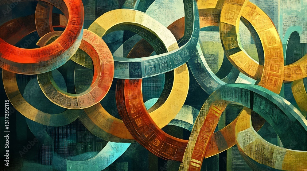 Poster artistic depiction of economic cycle highlighting interlocking rings symbolizing phases of growth de