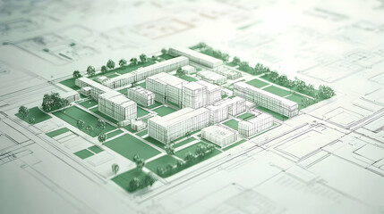 Architectural model campus design blueprint;  green spaces; planning; future development;  real estate marketing