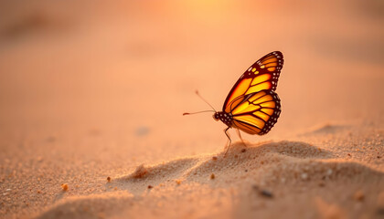 Obraz premium Monarch Butterfly on Sand at Sunset with Golden Light Reflection