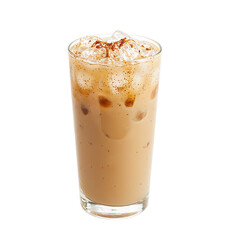 Refreshing iced chai latte in a glass with cinnamon and ice cubes on a white background Relish the spicy and creamy drink