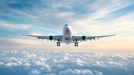 White Passenger Airplane Soaring Above A Dense Layer Of Bright White Cumulus Clouds Against A Blue Sky During A Scenic Sunset